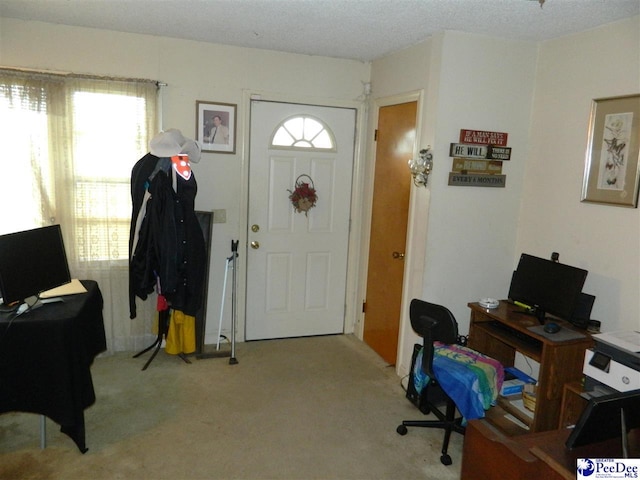 foyer entrance featuring carpet
