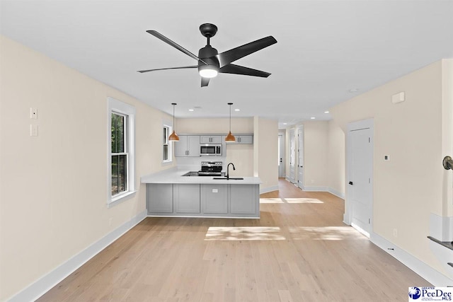 125 E Pine St, Florence, SC 29506 - kitchen with stainless steel appliances, a ceiling fan, a peninsula, light wood-style flooring, and recessed lighting