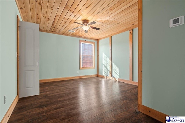 empty room with baseboards, visible vents, wood ceiling, ceiling fan, and wood finished floors