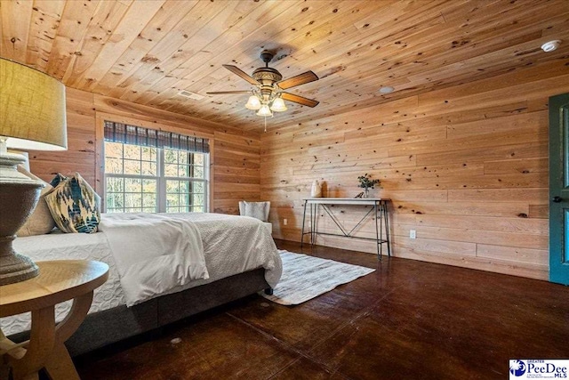 bedroom featuring ceiling fan, wood walls, and wood ceiling