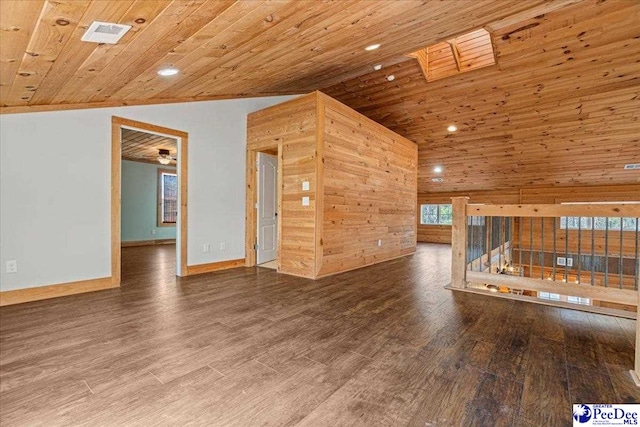 unfurnished living room featuring recessed lighting, wood ceiling, wooden walls, wood finished floors, and high vaulted ceiling