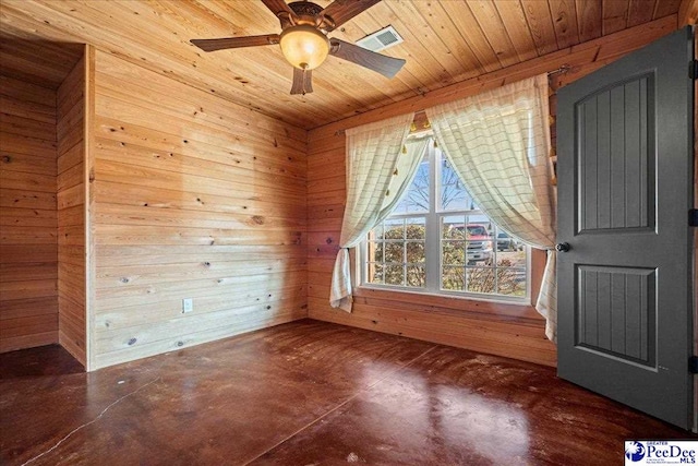 unfurnished room featuring visible vents, a ceiling fan, wood ceiling, wood walls, and concrete floors