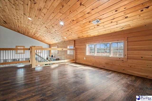 bonus room with wood ceiling, vaulted ceiling, wooden walls, and wood finished floors