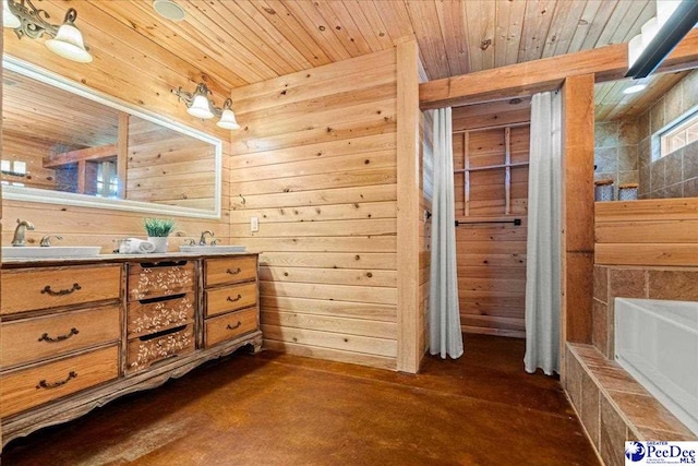 full bathroom with wooden ceiling, a sink, and wood walls