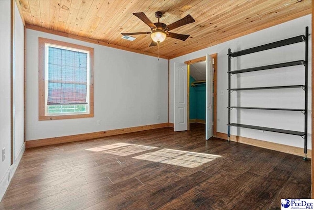 unfurnished bedroom featuring ceiling fan, wooden ceiling, wood finished floors, visible vents, and baseboards