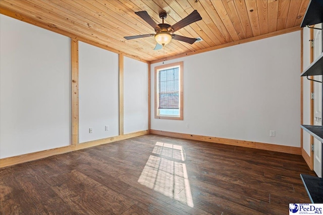 empty room with wood ceiling, ceiling fan, baseboards, and wood finished floors