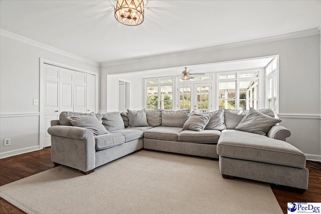 living room with ornamental molding, french doors, and dark wood-style floors