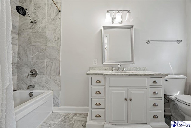 bathroom with toilet, vanity, baseboards, marble finish floor, and shower / bath combo