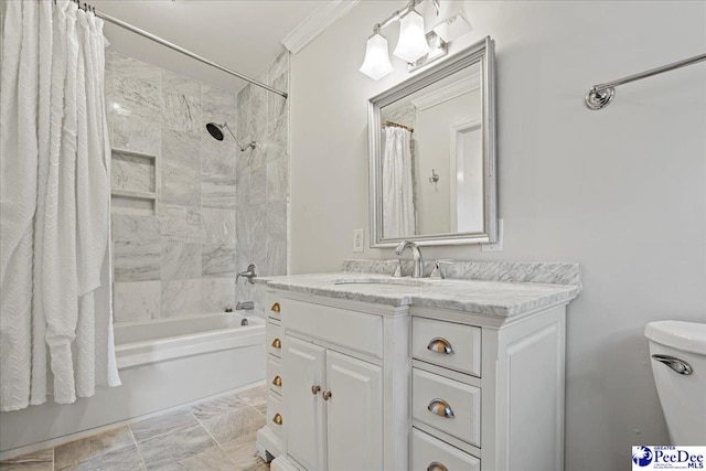 bathroom with toilet, shower / bath combination with curtain, and vanity