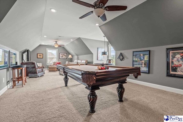 3111 Cheshire Ln, Florence, SC 29501 - recreation room with a ceiling fan, lofted ceiling, light colored carpet, billiards, and baseboards