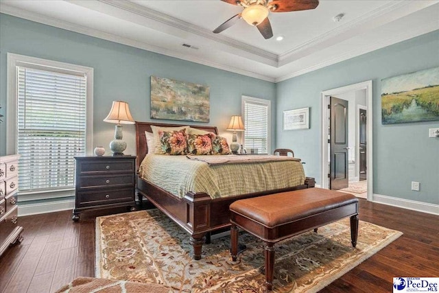 3111 Cheshire Ln, Florence, SC 29501 - bedroom with ornamental molding, hardwood / wood-style flooring, baseboards, a raised ceiling, and a ceiling fan