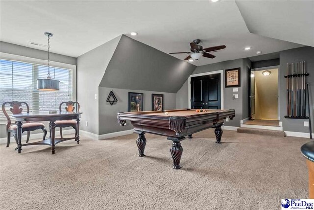 3111 Cheshire Ln, Florence, SC 29501 - game room with baseboards, a ceiling fan, billiards table, carpet flooring, and lofted ceiling