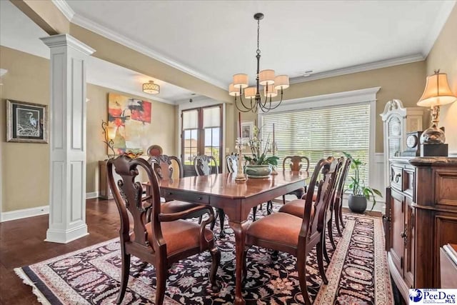 3111 Cheshire Ln, Florence, SC 29501 - dining space with decorative columns, a chandelier, ornamental molding, and dark wood-style floors