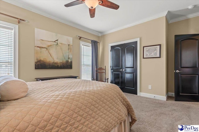 3111 Cheshire Ln, Florence, SC 29501 - bedroom with baseboards, carpet floors, crown molding, and ceiling fan