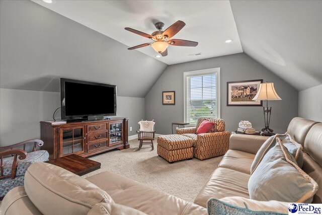 3111 Cheshire Ln, Florence, SC 29501 - living room with vaulted ceiling, a ceiling fan, carpet flooring, recessed lighting, and baseboards