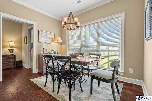 3111 Cheshire Ln, Florence, SC 29501 - dining room with crown molding, dark wood-style flooring, baseboards, and a chandelier