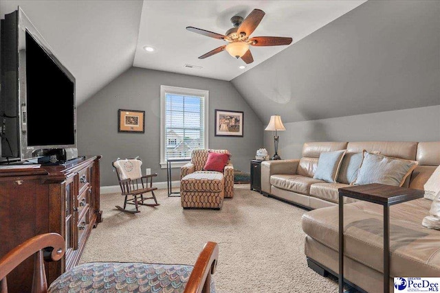 3111 Cheshire Ln, Florence, SC 29501 - living room with lofted ceiling, carpet, a ceiling fan, baseboards, and recessed lighting