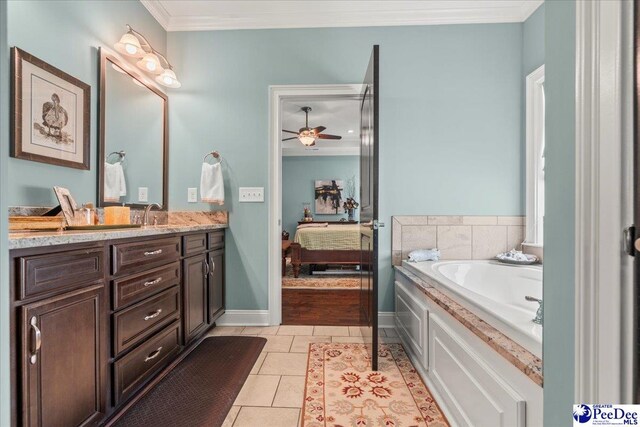 3111 Cheshire Ln, Florence, SC 29501 - bathroom with ensuite bathroom, crown molding, vanity, a garden tub, and a ceiling fan