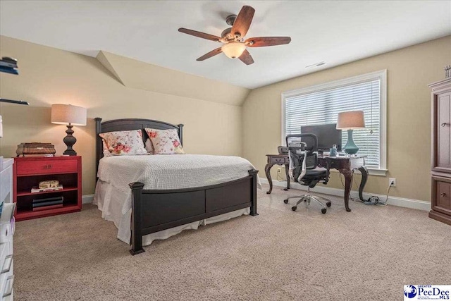 3111 Cheshire Ln, Florence, SC 29501 - bedroom featuring light colored carpet, a desk, baseboards, ceiling fan, and vaulted ceiling