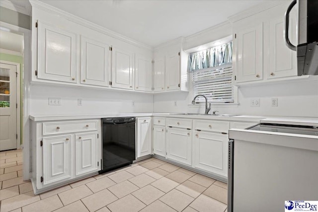 kitchen featuring sink, crown molding, dishwasher, white cabinets, and light tile patterned flooring