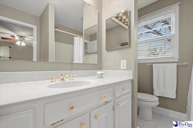 bathroom with walk in shower, tile patterned floors, toilet, vanity, and ceiling fan