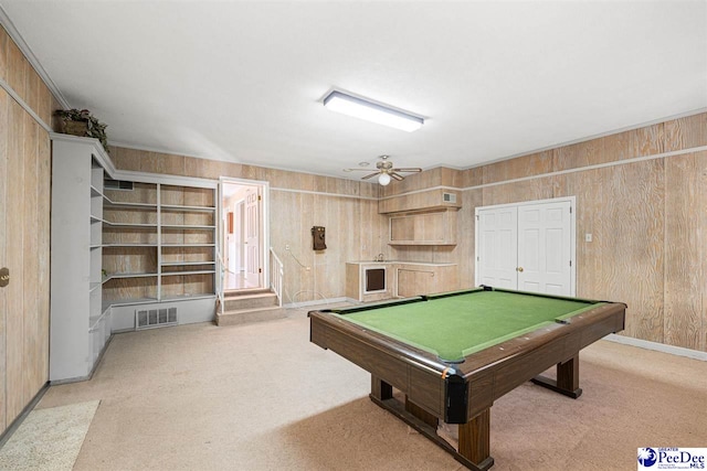 1110 Dunvegan Rd, Florence, SC 29501 - rec room with wood walls, carpet, billiards table, and a ceiling fan