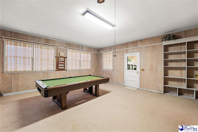 1110 Dunvegan Rd, Florence, SC 29501 - recreation room with carpet flooring, billiards, wood walls, and a textured ceiling