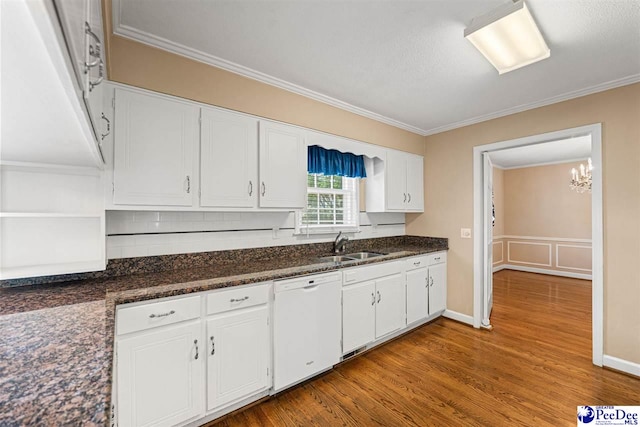 1110 Dunvegan Rd, Florence, SC 29501 - kitchen with dishwasher, white cabinetry, ornamental molding, wood finished floors, and open shelves