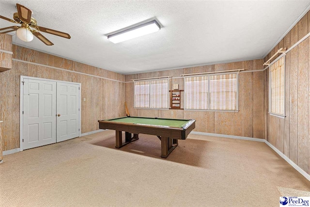 1110 Dunvegan Rd, Florence, SC 29501 - rec room featuring healthy amount of natural light, billiards, carpet floors, wood walls, and ceiling fan