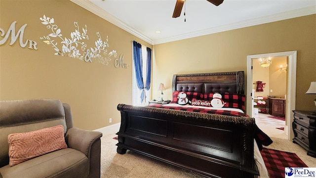 bedroom featuring light carpet, ornamental molding, ceiling fan, and ensuite bathroom