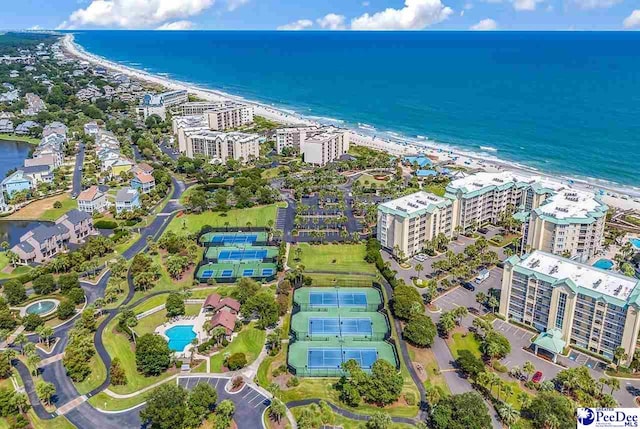 aerial view featuring a water view and a view of the beach
