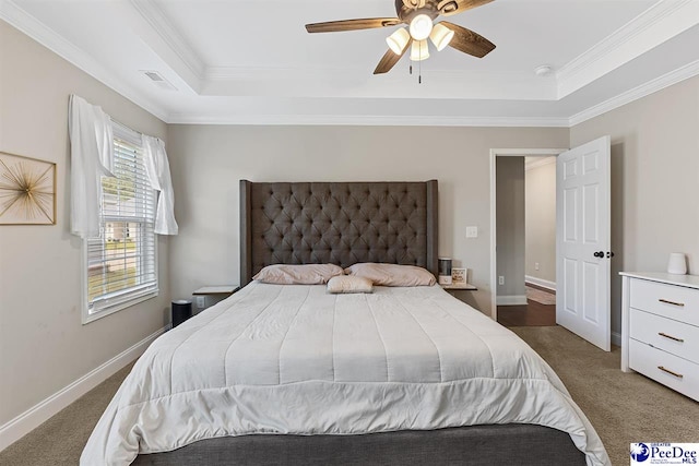 3209 Haven Straits, Florence, SC 29505 - bedroom featuring a tray ceiling, carpet floors, ornamental molding, ceiling fan, and baseboards