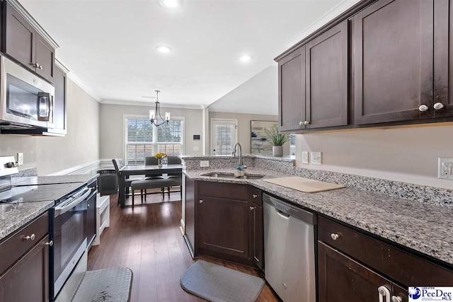 3209 Haven Straits, Florence, SC 29505 - kitchen featuring stainless steel appliances, a sink, dark brown cabinets, a chandelier, and ornamental molding