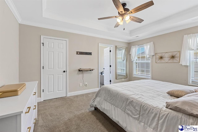 3209 Haven Straits, Florence, SC 29505 - bedroom with a tray ceiling, ornamental molding, light carpet, baseboards, and a ceiling fan
