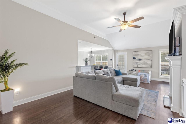 3209 Haven Straits, Florence, SC 29505 - living room featuring healthy amount of natural light, dark wood-type flooring, a chandelier, baseboards, and lofted ceiling