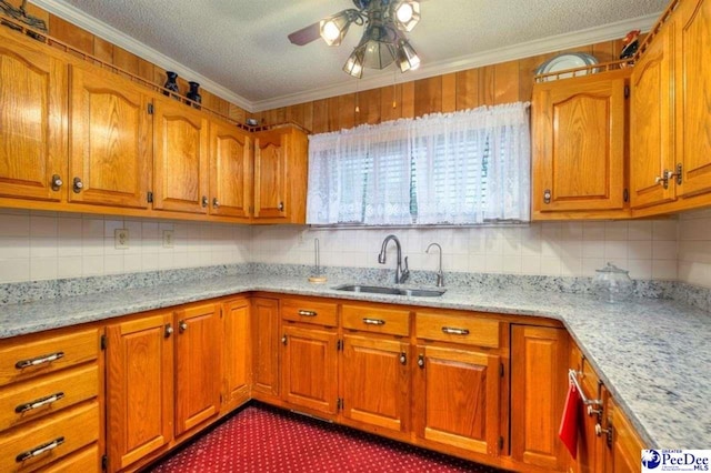 101 E Claff Cir, Lake City, SC 29501 - kitchen with ceiling fan, ornamental molding, sink, and a textured ceiling