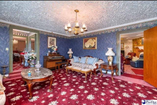 101 E Claff Cir, Lake City, SC 29501 - living room with a textured ceiling, ornamental molding, a chandelier, and carpet