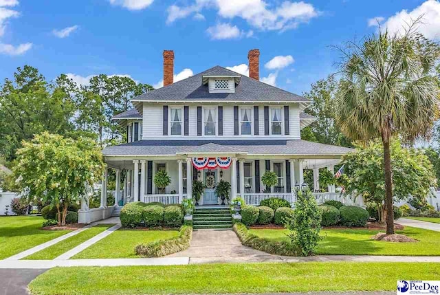 farmhouse inspired home with covered porch and a front lawn