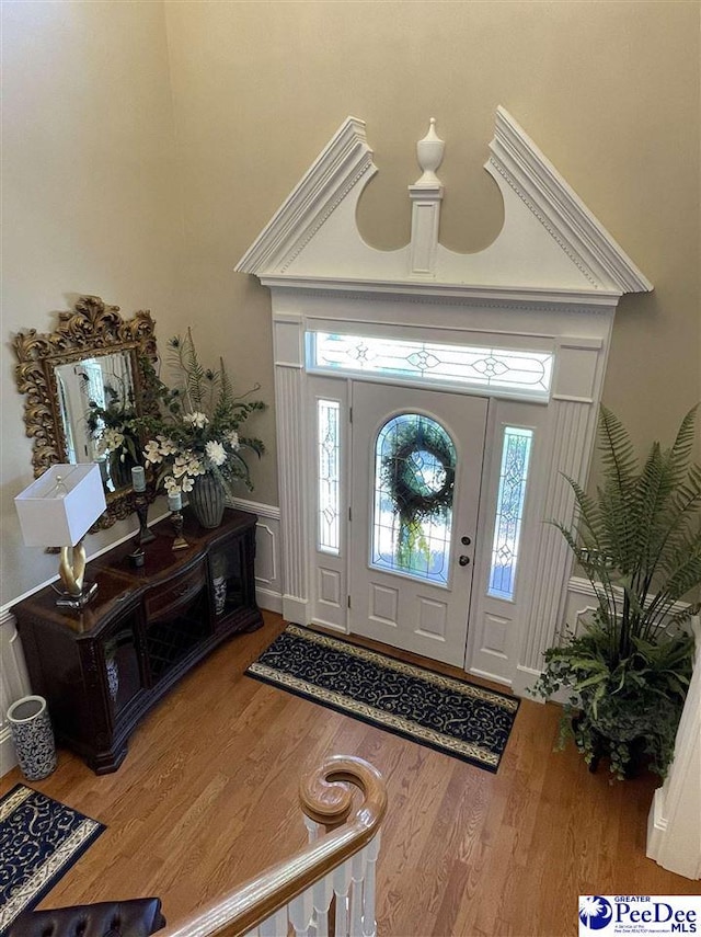 foyer entrance with a high ceiling and wood-type flooring