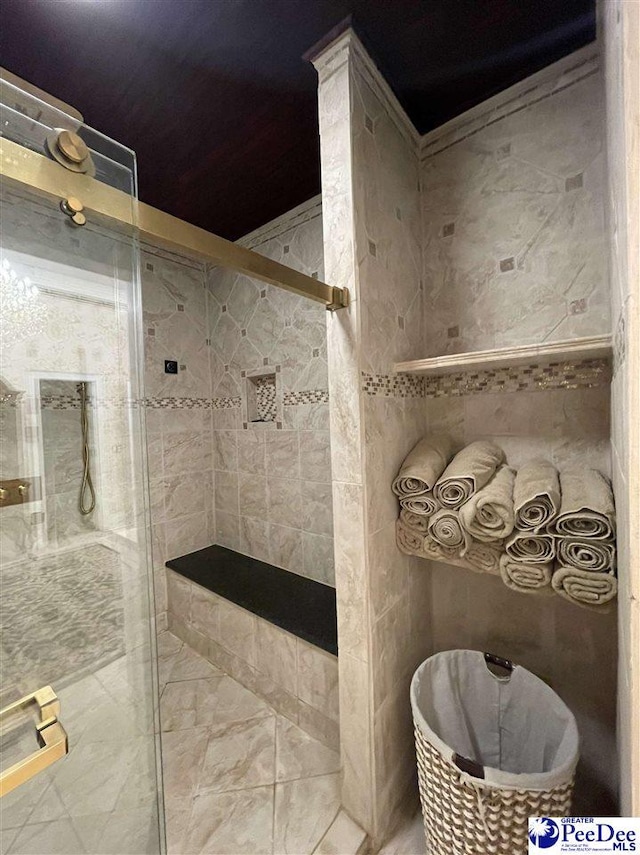 bathroom featuring tile walls and shower with separate bathtub