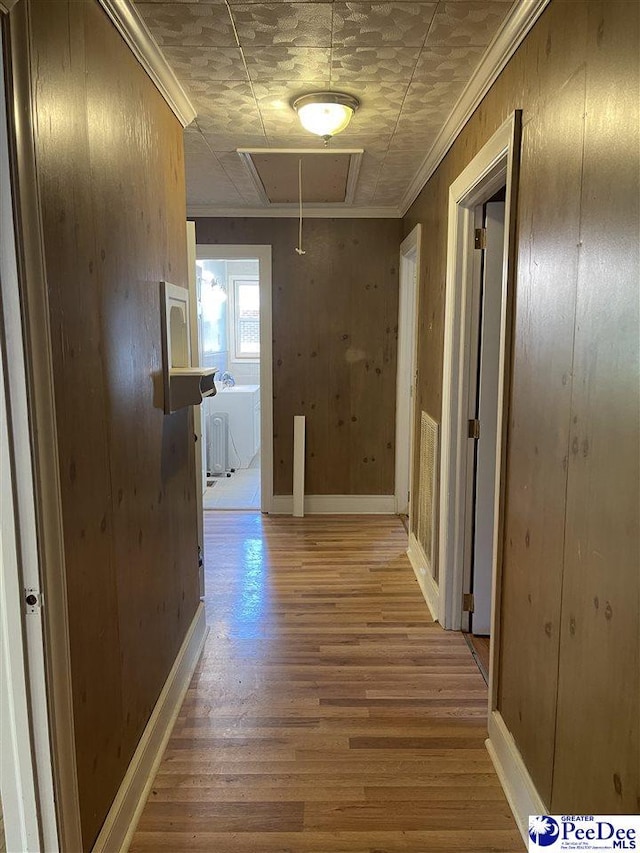 1009 Trailwood Dr, Hartsville, SC 29550 - hall featuring attic access, crown molding, wood finished floors, baseboards, and an ornate ceiling