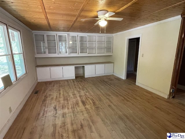 1009 Trailwood Dr, Hartsville, SC 29550 - unfurnished office featuring wood ceiling, baseboards, wood finished floors, a ceiling fan, and crown molding