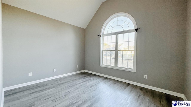 spare room featuring lofted ceiling and hardwood / wood-style floors