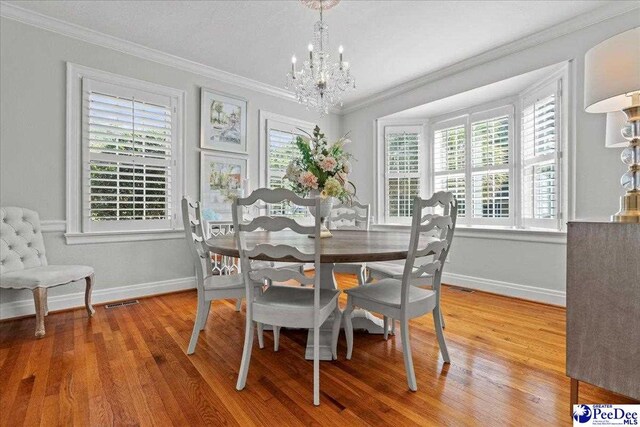 100 Mckellar St, Bennettsville, SC 29512 - dining room featuring a chandelier, wood finished floors, plenty of natural light, baseboards, and crown molding