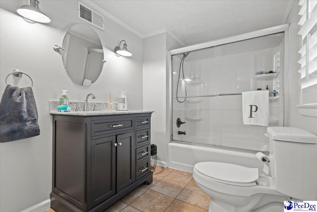 100 Mckellar St, Bennettsville, SC 29512 - full bathroom featuring toilet, vanity, ornamental molding, enclosed tub / shower combo, and a textured ceiling