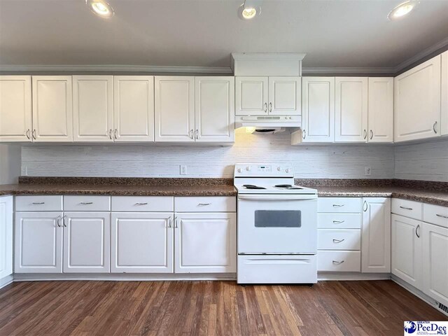 148 High Hill Rd, Lake View, SC 29563 - kitchen featuring white electric range, under cabinet range hood, dark countertops, white cabinetry, and dark wood-style flooring