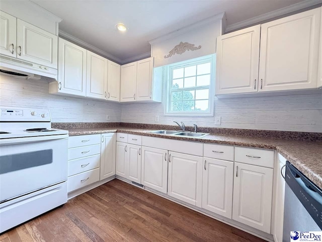 148 High Hill Rd, Lake View, SC 29563 - kitchen with electric range, dishwasher, under cabinet range hood, dark wood finished floors, and white cabinetry