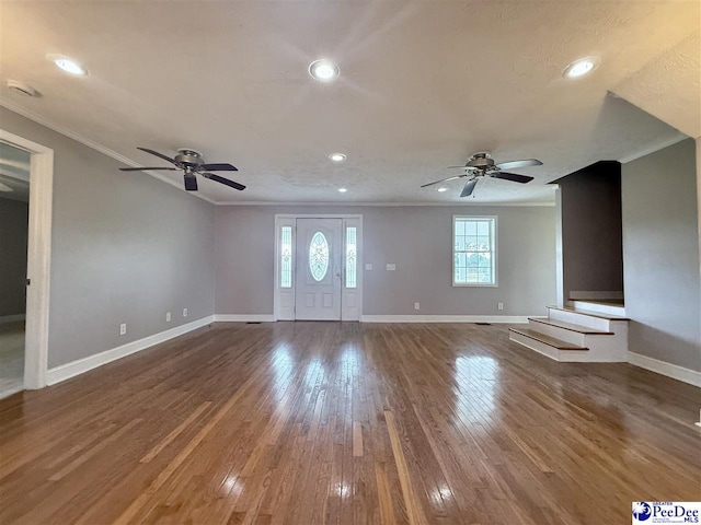 148 High Hill Rd, Lake View, SC 29563 - unfurnished living room with a ceiling fan, crown molding, recessed lighting, and wood finished floors