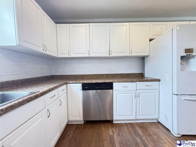 148 High Hill Rd, Lake View, SC 29563 - kitchen featuring stainless steel dishwasher, white fridge with ice dispenser, dark countertops, and white cabinets