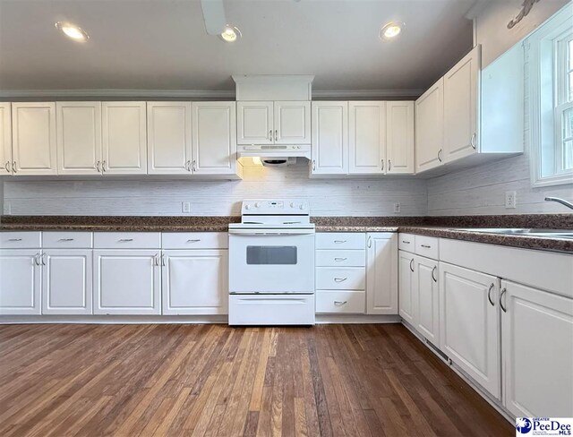 148 High Hill Rd, Lake View, SC 29563 - kitchen with white range with electric cooktop, under cabinet range hood, white cabinetry, dark wood-type flooring, and dark countertops